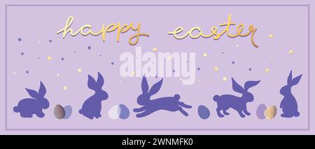 Easter festive banner with rabbit silhouettes, easter eggs and stars. Decorated with handwritten phrase Happy Easter. Vector illustration Stock Vector