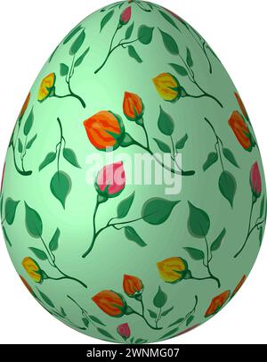 Realistic 3D egg decorated with roses motif drawing on mint background for Easter greeting card Stock Vector