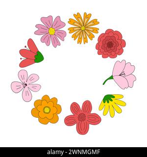 Round flower frame from different meadow flowers, spring design element, vector illustration Stock Vector