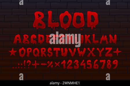 Scary font for Halloween blood splatter, Flowing grunge red letters on a brick wall. Horror, bloody, autumn night, murder. Scary vintage vector comic Stock Vector