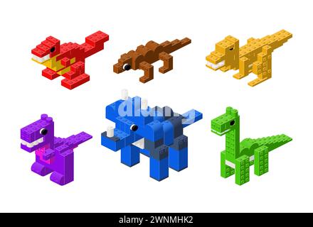Set of toy dinosaurs in isometry. Vector Stock Vector