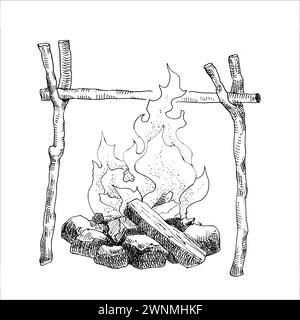 Sticks with knots for hanging the cauldron over the fire. Vector illustration isolated on white background. Hand drawn sketch picture, Linear drawing Stock Vector