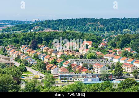 A view of a small town nestled in the middle of a dense forest. Buildings, trees, and winding roads create a scene of human habitation within a natura Stock Photo
