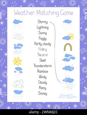Weather elements, signs and words matching game vector illustration, kids activities printable worksheet, educational or leisure activity puzzle print Stock Vector
