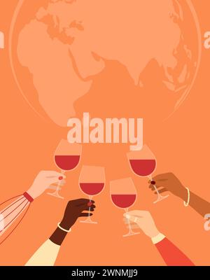 Hands of women of different nationalities and skin tones holding glasses of red wine with Earth globe on background. Vector illustration in flat style Stock Vector