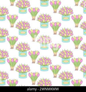 Seamless pattern 2 bouquets of tulips in wrapping paper and round box in trendy gently bright shades. Isolate. EPS. Vector design concept for background, wallpaper or web, greetings, cards, posters Stock Vector