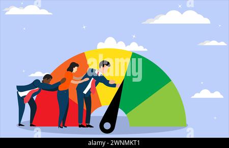 Group of people trying to improve a credit score by pushing the needle, Personal finance affordability concept Stock Vector