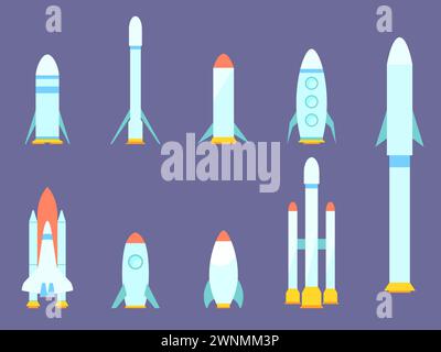 Spaceships and rockets set isolated. Space rocket program. Spaceships for space exploration and flight to Mars. Icon design for print, banners and adv Stock Vector