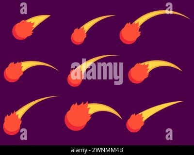 Falling meteorite icon set isolated. Flying comet with a tail, burning meteorite in a minimalist style. Collection of falling asteroids, space object. Stock Vector