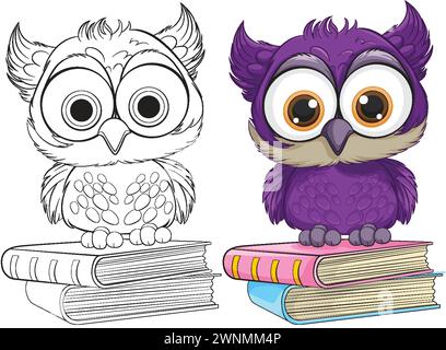 Two cartoon owls perched on colorful books Stock Vector