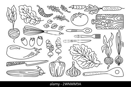 Vegetables and kitchen utensils cartoon doodle set. Vegetable carrot, cucumber, lettuce, pepper or onion garlic etc. Hand drawn healthy diet farm product. Doodle fresh vegetarian menu line vector Stock Vector
