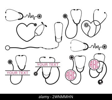 Stethoscope Vector, stethoscope monogram, Heart Stethoscope Svg, Stethoscope Heartbeat, Nurse Life, Medical Vector, Heartbeat Svg Stethoscope Stock Vector
