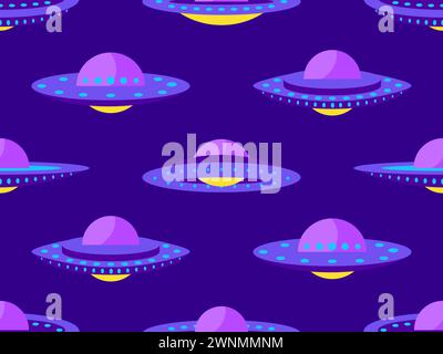 Seamless pattern with alien spaceships. Background with UFO and space flying saucers. UFO in the form of a saucer with lights. Design for print, banne Stock Vector
