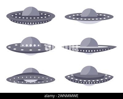 Ufo icon set isolated on white background. Collection of alien spaceships, space flying saucer. Alien spacecrafts. Icon design for print, banners and Stock Vector