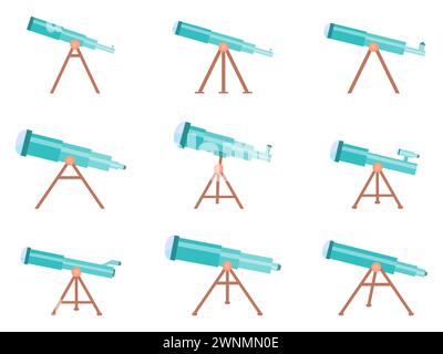 Telescope icon set isolated on white background. Telescope on a tripod. Telescopes of various types in flat style. Icon design for print, banners and Stock Vector