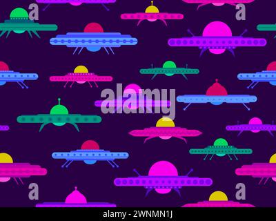 Seamless pattern with multi-colored UFO. Background with alien spaceships and space flying saucers. Alien spaceships. Design for print, banners and ad Stock Vector