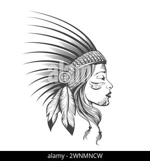 Hand drawn indian girl in feathers war bonnet and warrior makeup isolated on white Vector illustration.No AI was used. Stock Vector