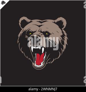 head of an aggressive bear, wide grinning evil mouth, silhouette, side view, looking up, stencil, flat vector, white background. Game sport logo. Stock Vector