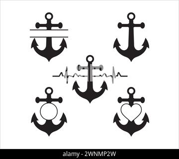 Boat Anchor, Anchor Monogram, Anchor SVG, Anchor Silhouette, Anchor Heartbeat Vector, Split Boat Anchor, Nautical, Anchor Stock Vector