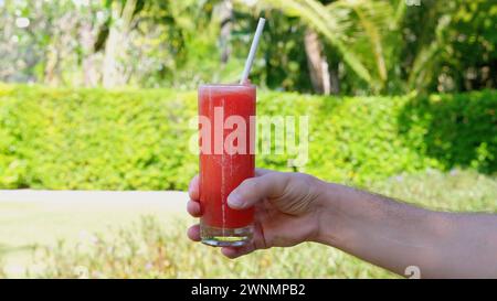 A person drinking watermelon juice from a glass with a straw Stock Photo