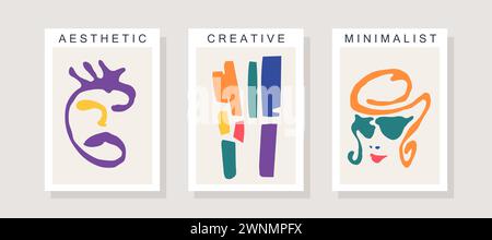 Surreal portraits. Three trendy posters in contemporary minimalistic style. Abstract illustrations inspired by Matisse graphics. Vector art Stock Vector