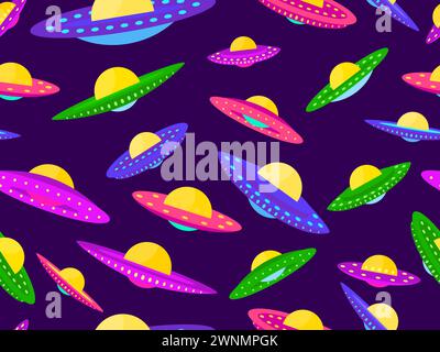 Seamless pattern with multi-colored UFO space saucers. Background with alien spaceships and space flying saucers. Alien spaceships. Design for print, Stock Vector