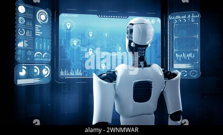 XAI 3d illustration hominoid AI robot looking at hologram screen showing concept of big data analytic using artificial intelligence by machine Stock Photo