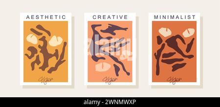 Stylized image of a tiger. Three trendy posters in contemporary minimalistic style. Abstract illustrations inspired by Matisse graphics. Vector art Stock Vector