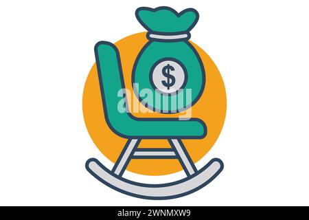 Pension icon. rocking chair with money bag. symbolizing retirement savings, stability, and financial security. flat line icon style. element illustrat Stock Vector