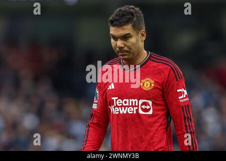 Manchester, UK. 03rd Mar, 2024. Casemiro of Manchester United during the Premier League match Manchester City vs Manchester United at Etihad Stadium, Manchester, United Kingdom, 3rd March 2024 (Photo by Mark Cosgrove/News Images) in Manchester, United Kingdom on 3/3/2024. (Photo by Mark Cosgrove/News Images/Sipa USA) Credit: Sipa USA/Alamy Live News Stock Photo