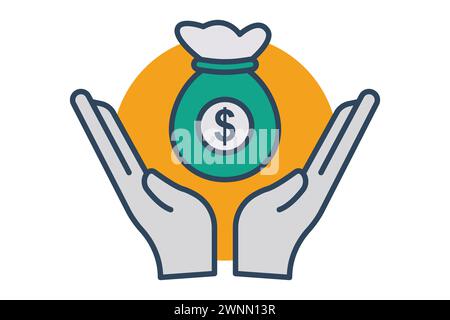 bonus icon. hand with money bag. Great for illustrating monetary bonuses, perks, and employee motivation in business contexts. flat line icon style. e Stock Vector