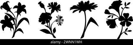 Flowers. Set of black silhouettes of flowers isolated on a white background. Vector illustration Stock Vector