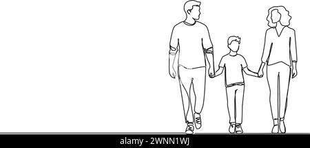 continuous single line drawing of parents and son walking hand in hand, line art vector illustration Stock Vector