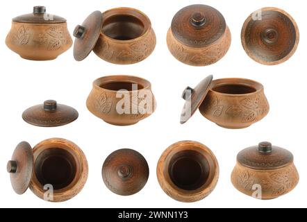 Set of beautiful clay pots from different angles isolated on white ...