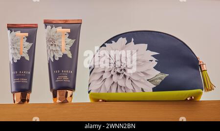 Mansfield,Nottingham,United Kingdom,2nd March 2024:Studio product image of Ted Baker personal care products and bag. Stock Photo