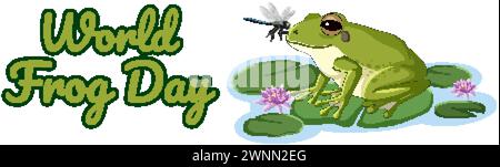 Frog on lily pads with dragonfly and flowers Stock Vector