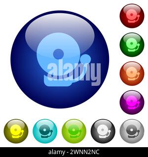 Fire alarm bell solid icons on round glass buttons in multiple colors. Arranged layer structure Stock Vector