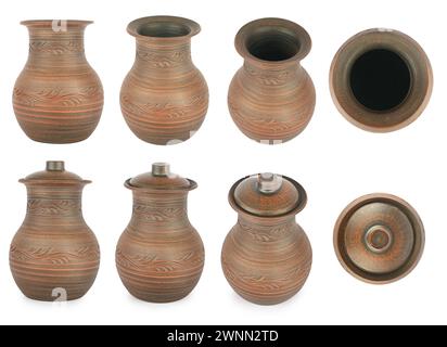 Set clay and ceramic jugs isolated on white background Stock Photo