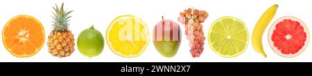 Fresh tropical fruits in a row isolated on white background. Stock Photo