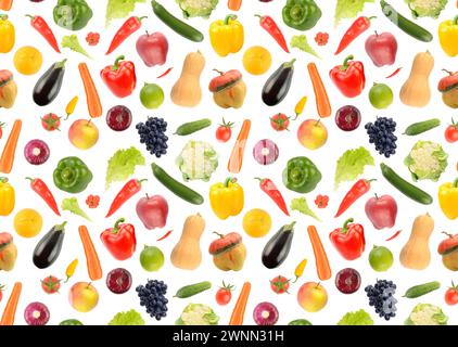 Seamless pattern of vegetables, fruits and berries isolated on white background. Stock Photo