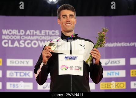 New Zealand's Hamish Kerr celebrates gold on the podium for the Men's High Jump during day three of the World Indoor Athletics Championships at the Emirates Arena, Glasgow. Picture date: Sunday March 3, 2024. Stock Photo