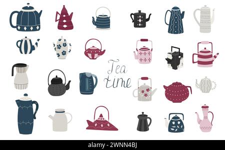 Set of 24 different teapots. Ceramic, electric, glass tea pots. Vector illustration. Vector clipart. Stock Vector