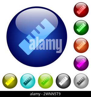 Ruler solid icons on round glass buttons in multiple colors. Arranged layer structure Stock Vector