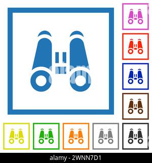 Binoculars solid flat color icons in square frames on white background Stock Vector
