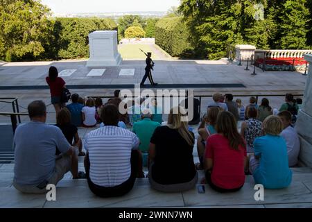 The Tomb of the Unknown Soldier is guarded 24 hours a day, seven days per week by the sentinels of the Old Guard at Arlington National Cemetery. Stock Photo