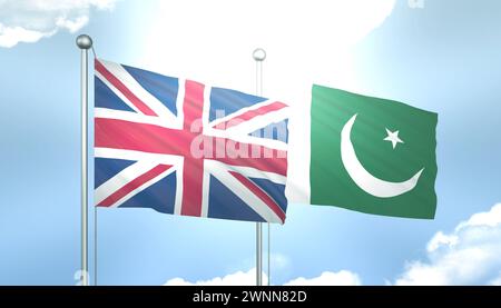 3D Flag of United Kingdom and Pakistan on Blue Sky with Sun Shine Stock Photo