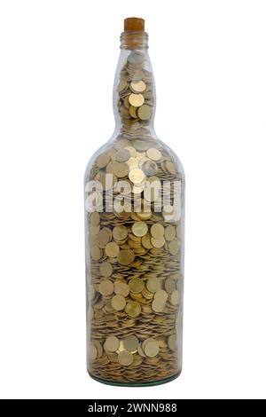 large old whiskey bottle filled to the brim with hungarian five forint coins cut out against white background Stock Photo