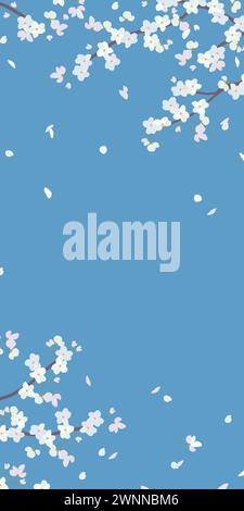 Vertical banner with cherry blossom branches. Vector sakura in a flat style. Spring design for greeting cards. Delicate flowers isolated on a blue bac Stock Vector