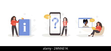 Customer support. Female characters ask questions, get answers, and read user manual. FAQ concept. Online help service. Set of vector illustration in Stock Vector