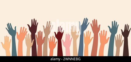 Group raised hand. Multicultural people. Racial equality. Men and women of different culture and nations. Coexistence harmony. Community. Diversity Stock Vector